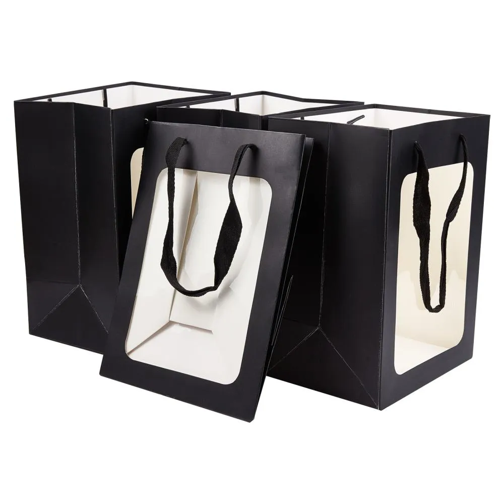 10 pc Kraft Paper Bags with Handle, with Cord Handles and Rectangle Window, for Retail Shopping Bag, Merchandise Bag, Gift and Party Bag, Rectangle, Black, 25x18x0.4cm, Unfold: 25x18x13cm, Window: 18.3x13.3cm