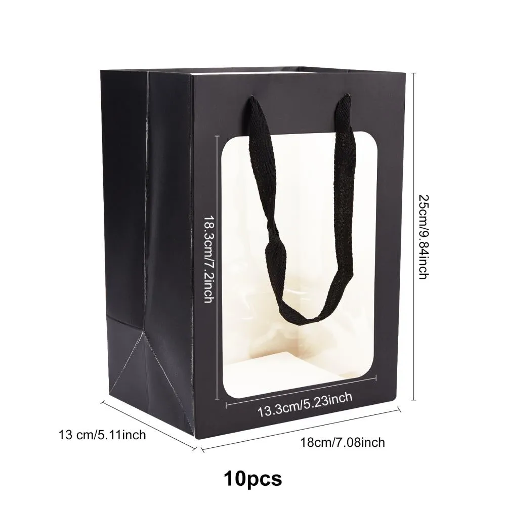 10 pc Kraft Paper Bags with Handle, with Cord Handles and Rectangle Window, for Retail Shopping Bag, Merchandise Bag, Gift and Party Bag, Rectangle, Black, 25x18x0.4cm, Unfold: 25x18x13cm, Window: 18.3x13.3cm