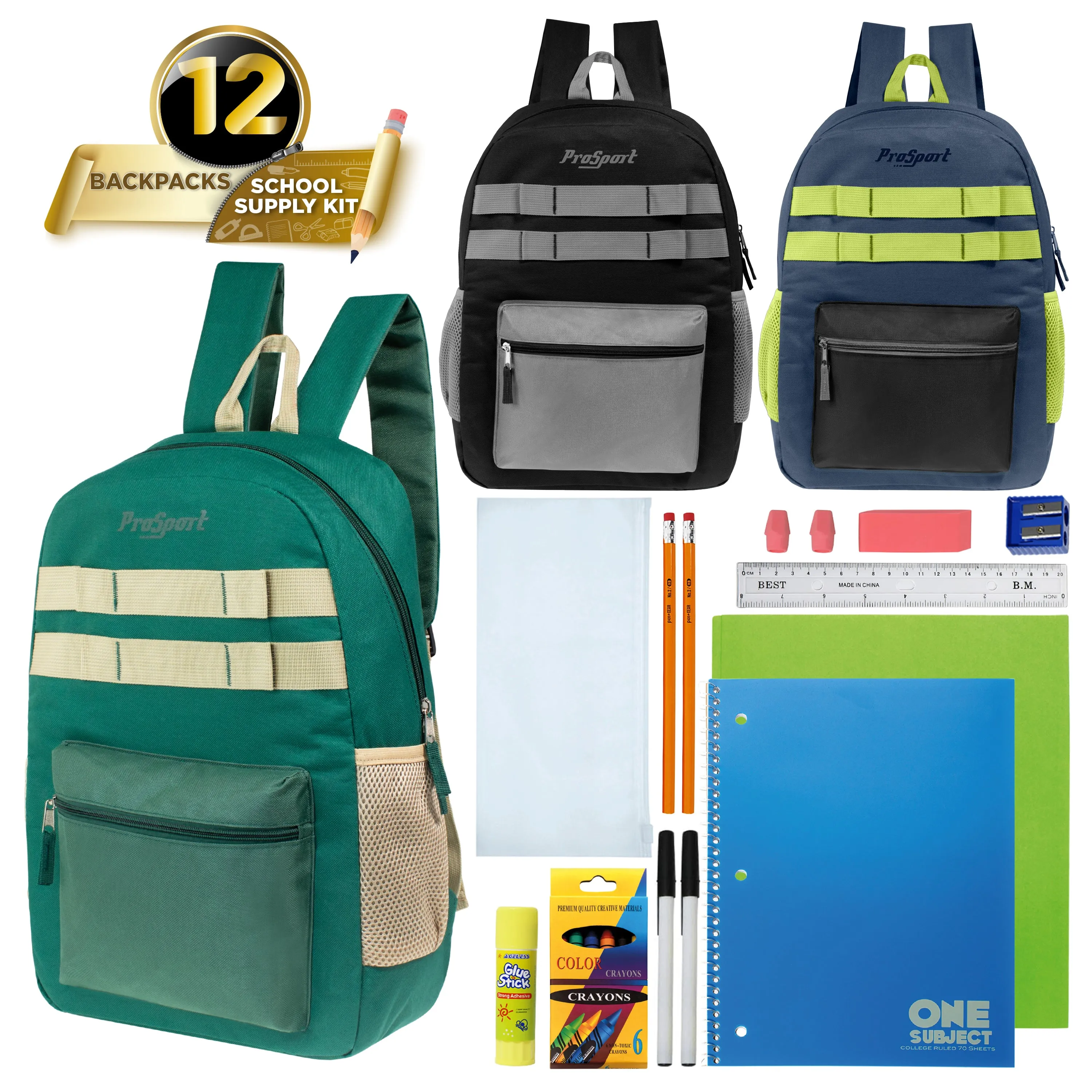 17" Multi Color Wholesale Backpacks in Asst Colors & 12 Bulk School Supply Kits of Your Choice