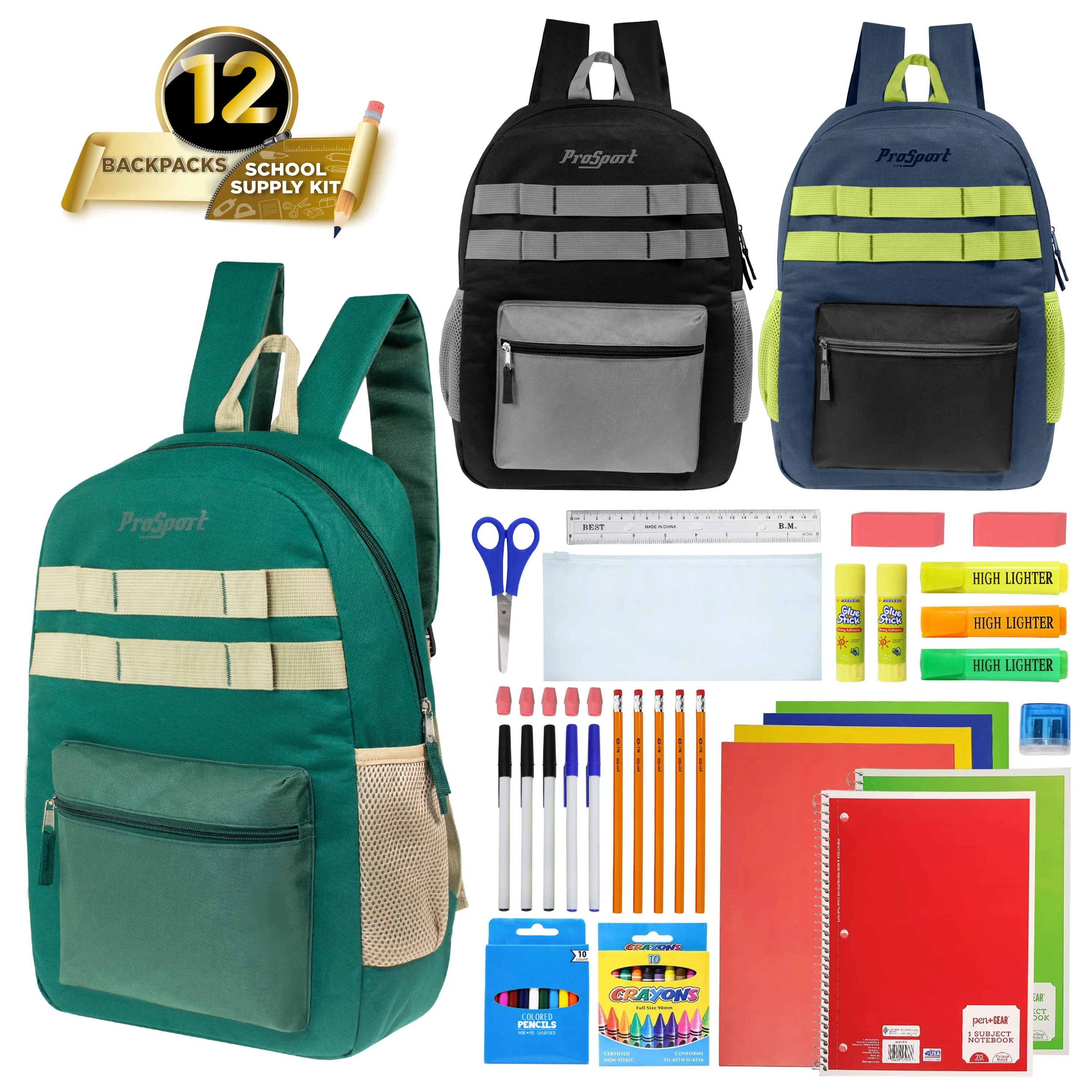 17" Multi Color Wholesale Backpacks in Asst Colors & 12 Bulk School Supply Kits of Your Choice