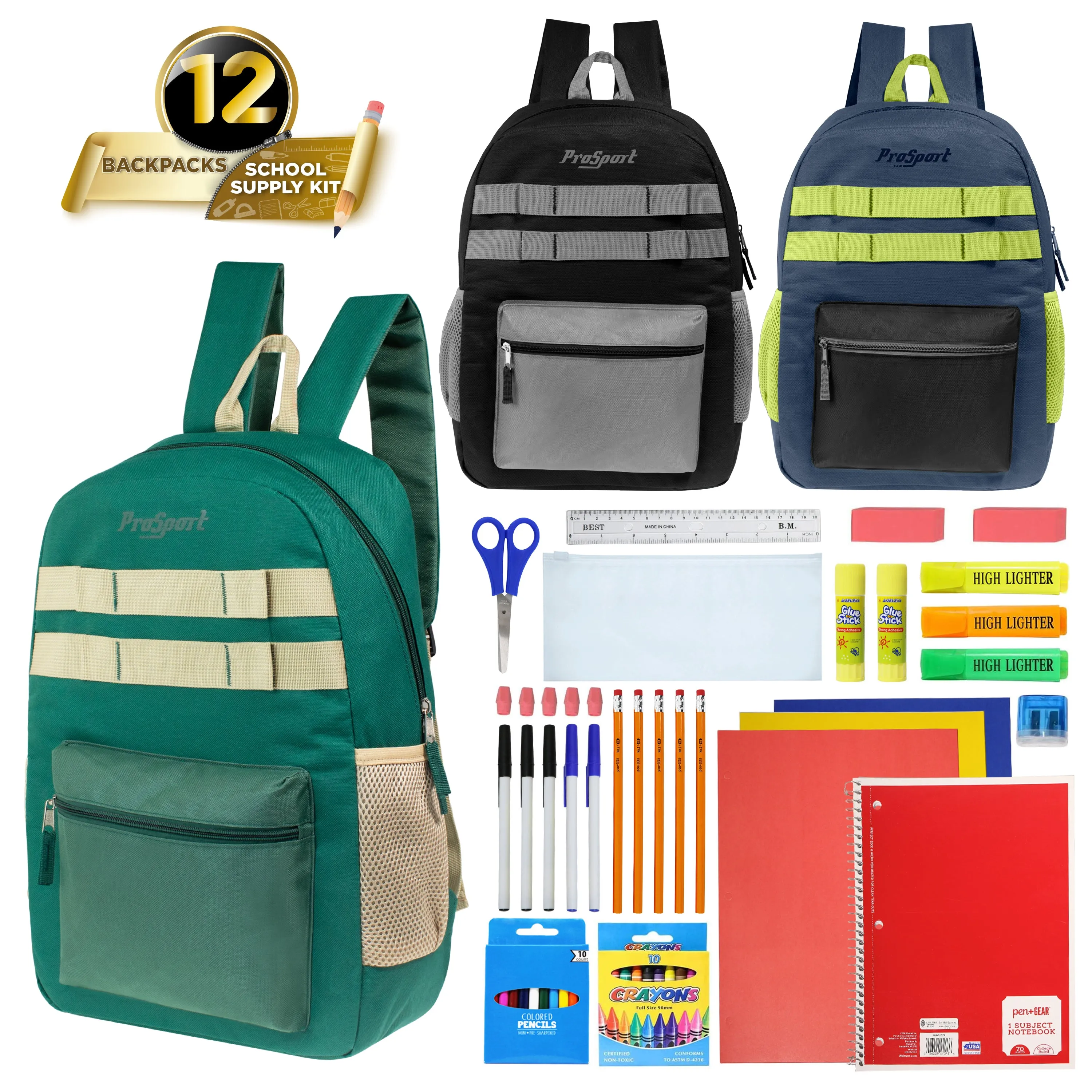 17" Multi Color Wholesale Backpacks in Asst Colors & 12 Bulk School Supply Kits of Your Choice