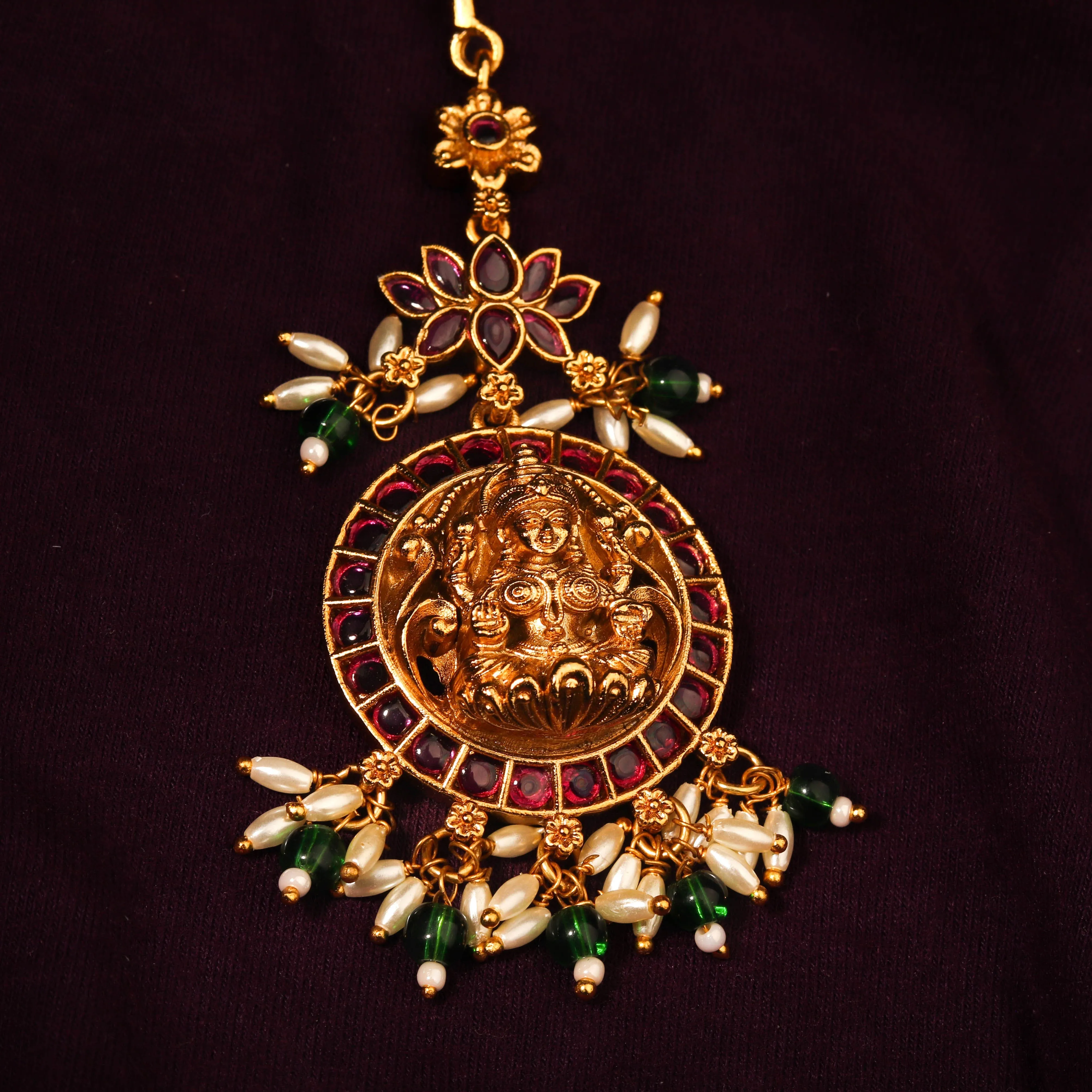 24k Gold Plated Pink Kemp Stone Lakshmi Maang Tikka