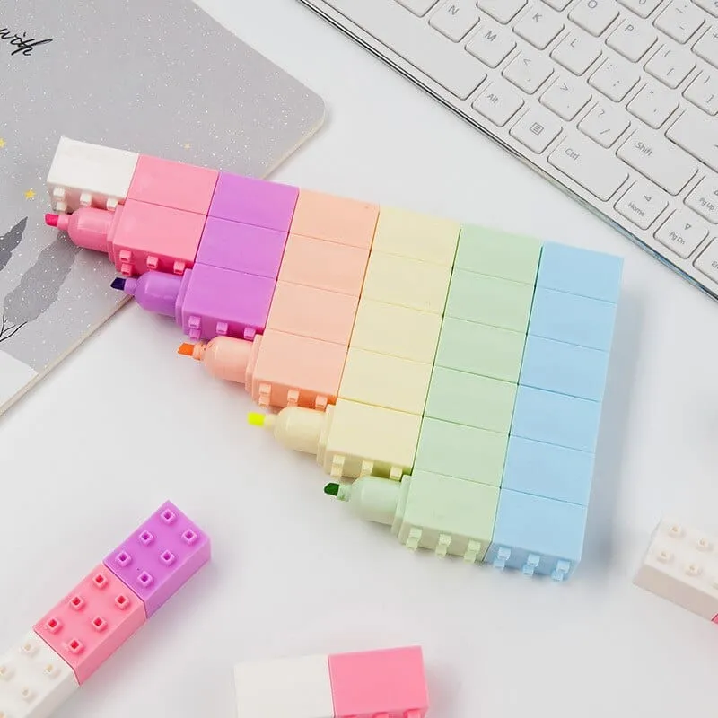 6pcs Pastel Color Building Block Highlighter Pen Set