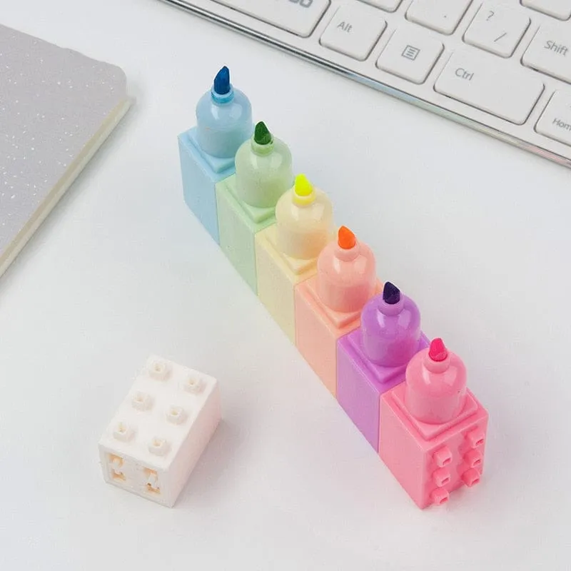 6pcs Pastel Color Building Block Highlighter Pen Set