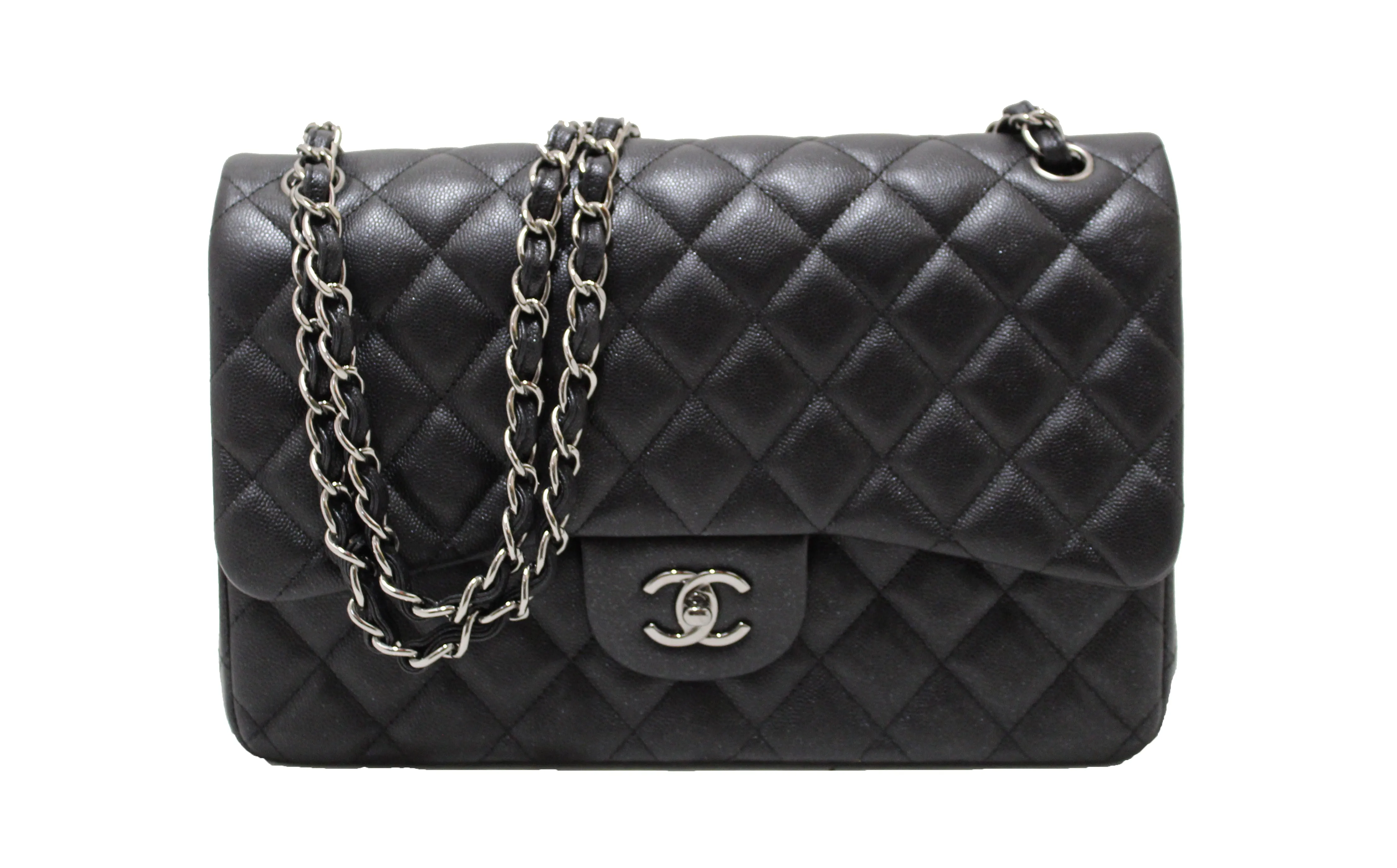 Authentic Chanel Black Iridescent Quilted Caviar Leather Classic Jumbo Double Flap Bag