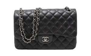 Authentic Chanel Black Iridescent Quilted Caviar Leather Classic Jumbo Double Flap Bag