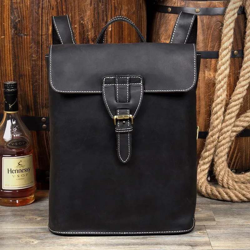 Black Fashion Mens Leather 14-inch Computer Backpack Brown Side Bag Messenger Bag for men