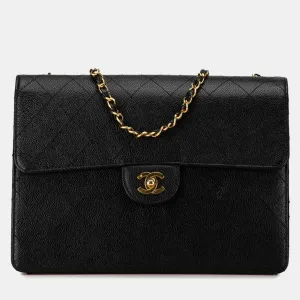 Black Quilted Caviar Jumbo Classic Single Flap Shoulder Bag