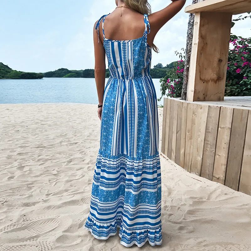 Blue Striped Sling Split Swing Dress