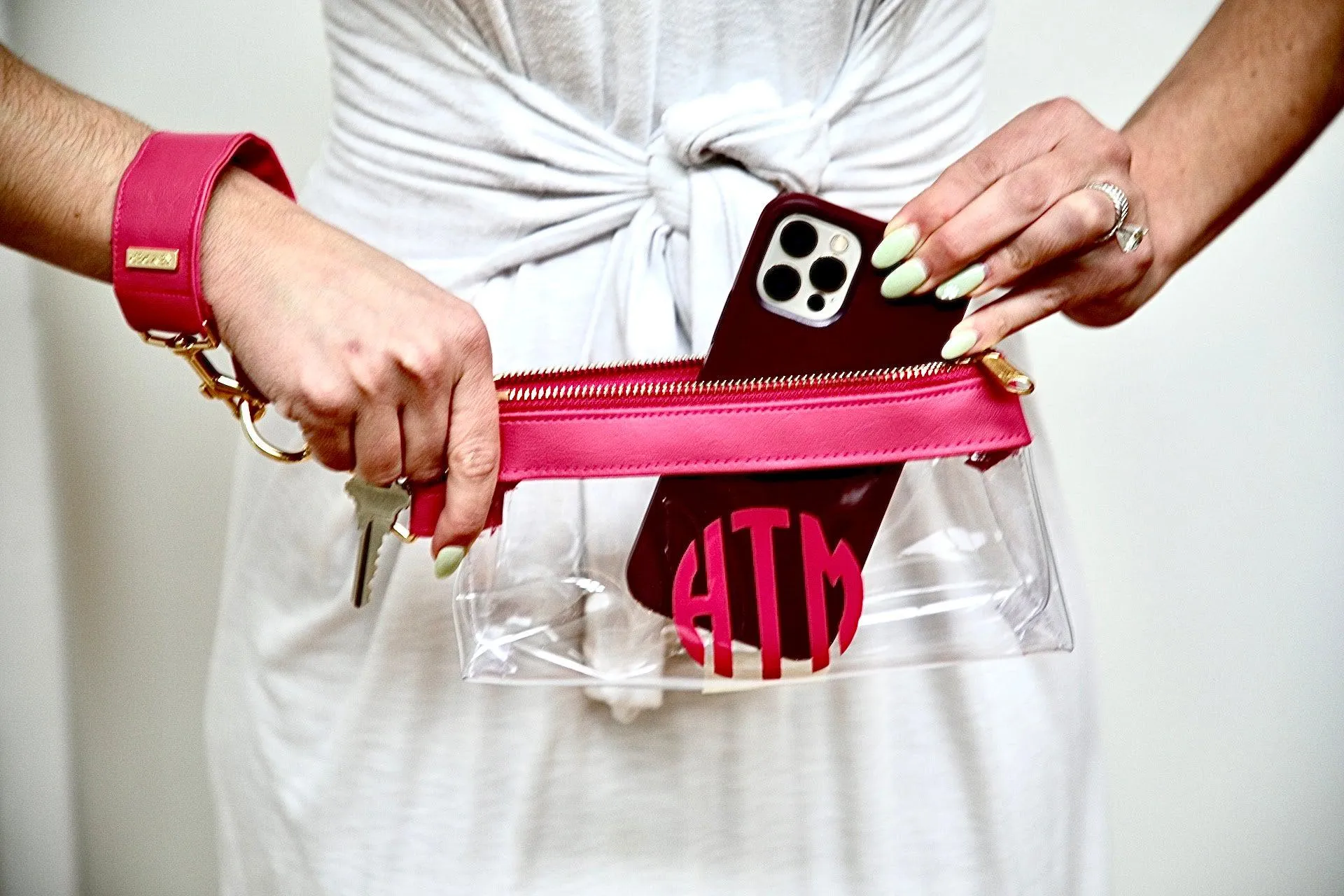 Bright Pink Vegan Leather CLEAR Bag with monogram