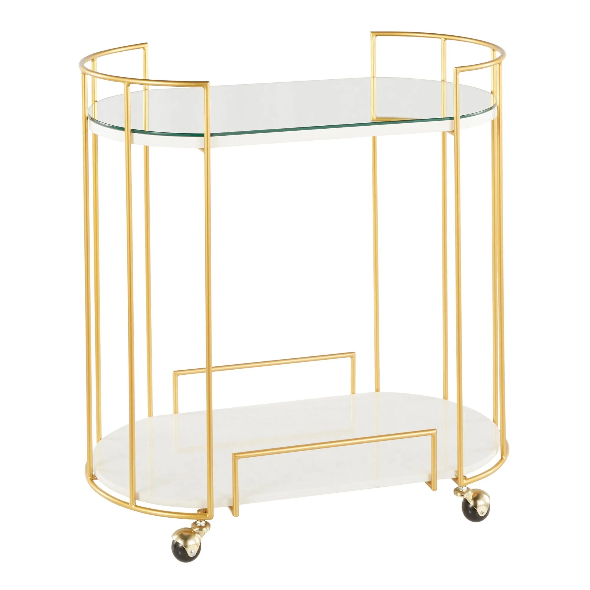 Canary Contemporary/Glam Bar Cart in Gold Metal, White Marble and Mirror Top by Lumisource