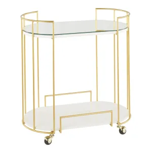 Canary Contemporary/Glam Bar Cart in Gold Metal, White Marble and Mirror Top by Lumisource