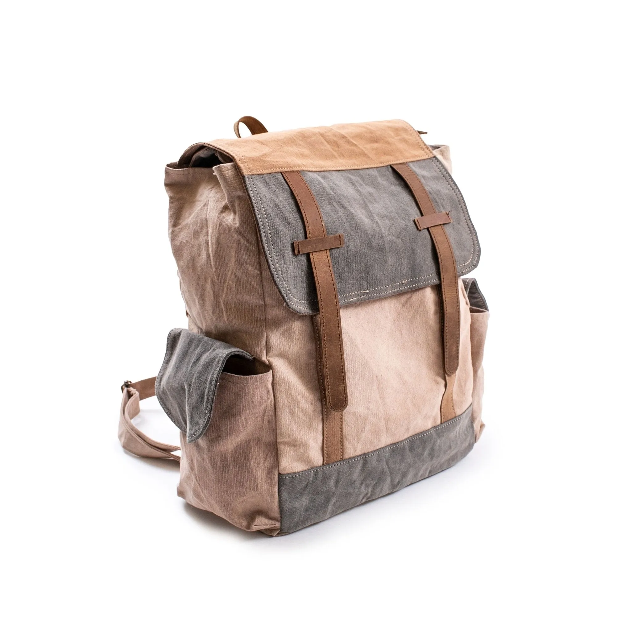 CANVAS BACKPACK WITH LEATHER - CREAM - 16"X15"