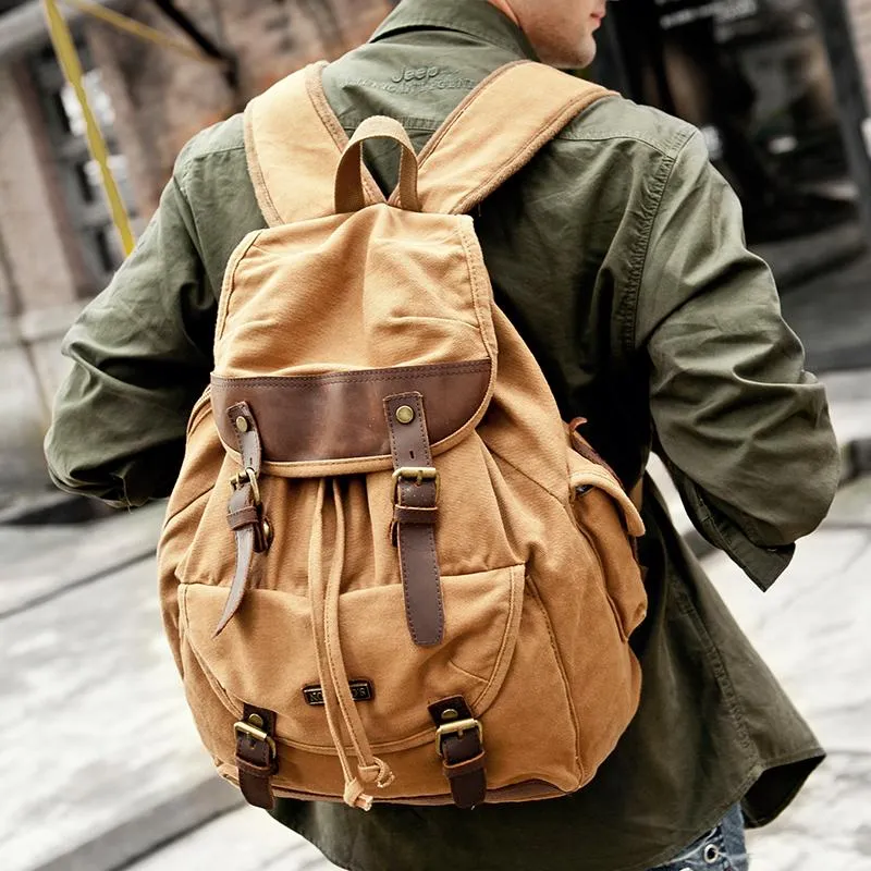 Canvas Leather Mens Women 16" Black Travel Backpack Khaki Computer Bag College Backpack for Men