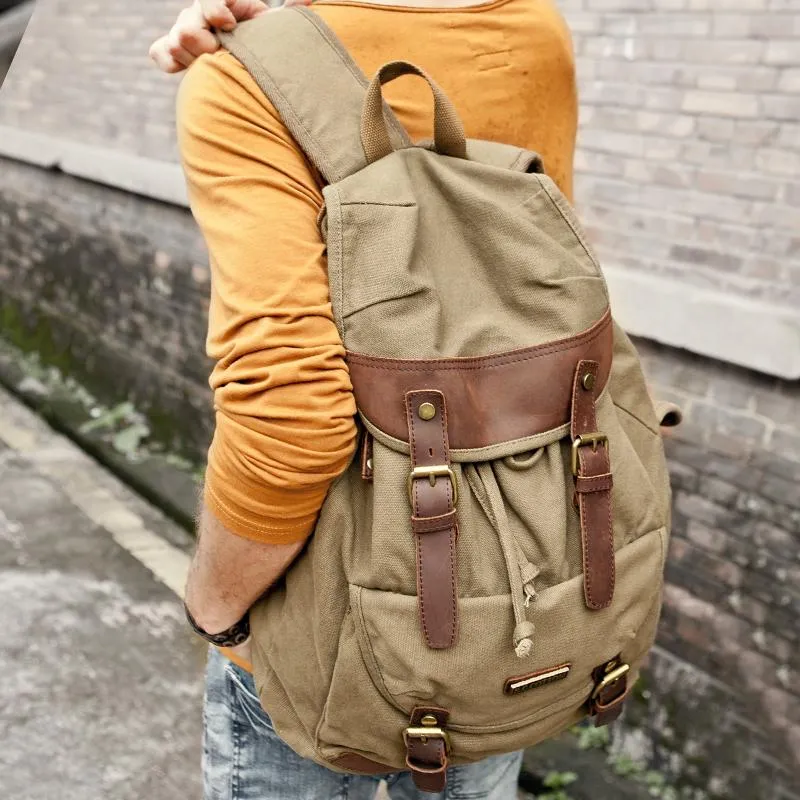 Canvas Leather Mens Women 16" Black Travel Backpack Khaki Computer Bag College Backpack for Men