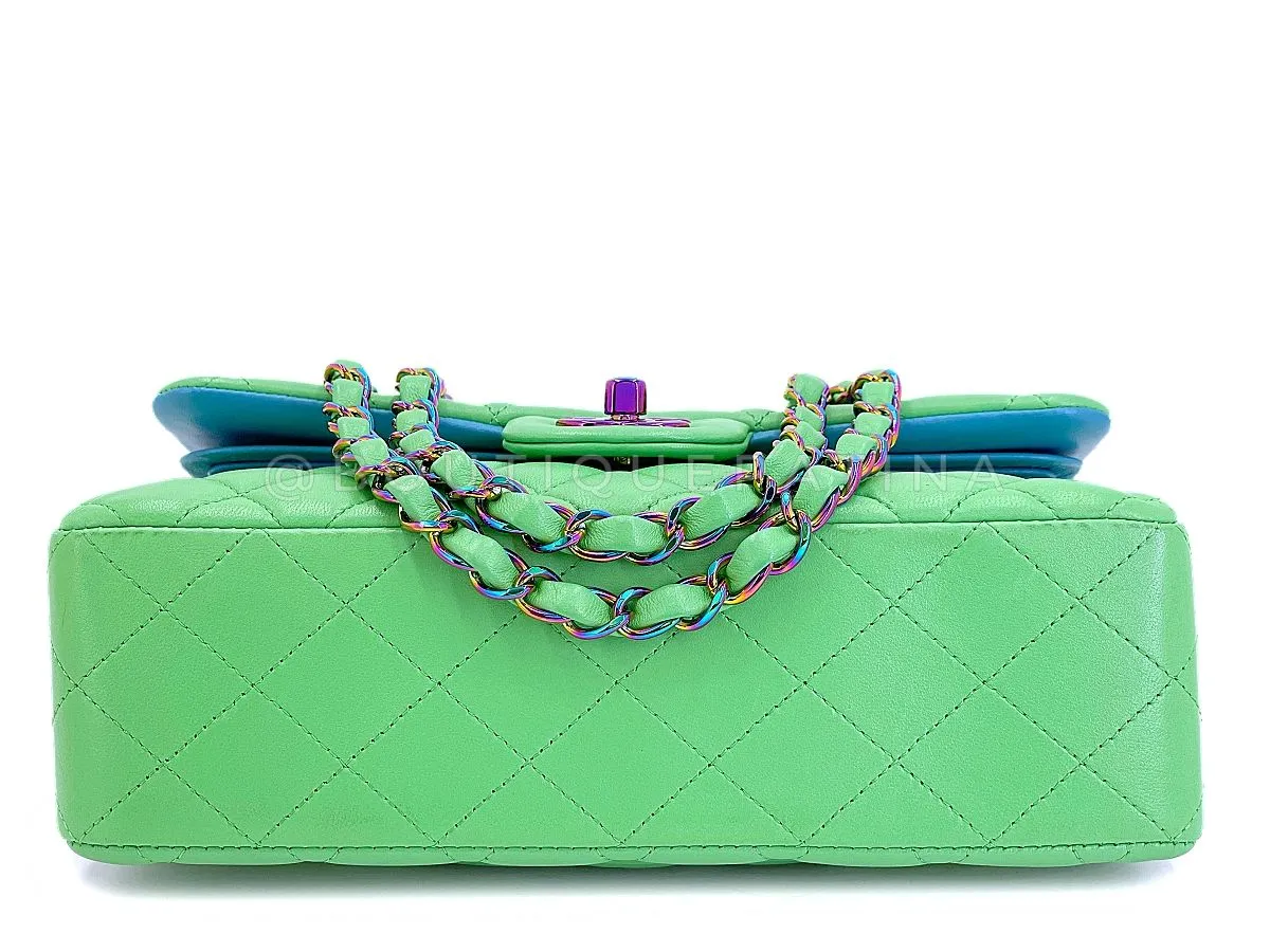 Chanel 2021 Green Small Classic Double Flap Bag Rainbow HW