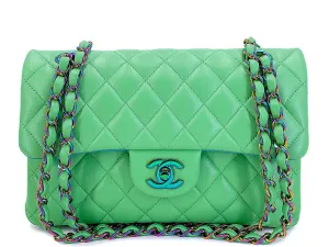 Chanel 2021 Green Small Classic Double Flap Bag Rainbow HW