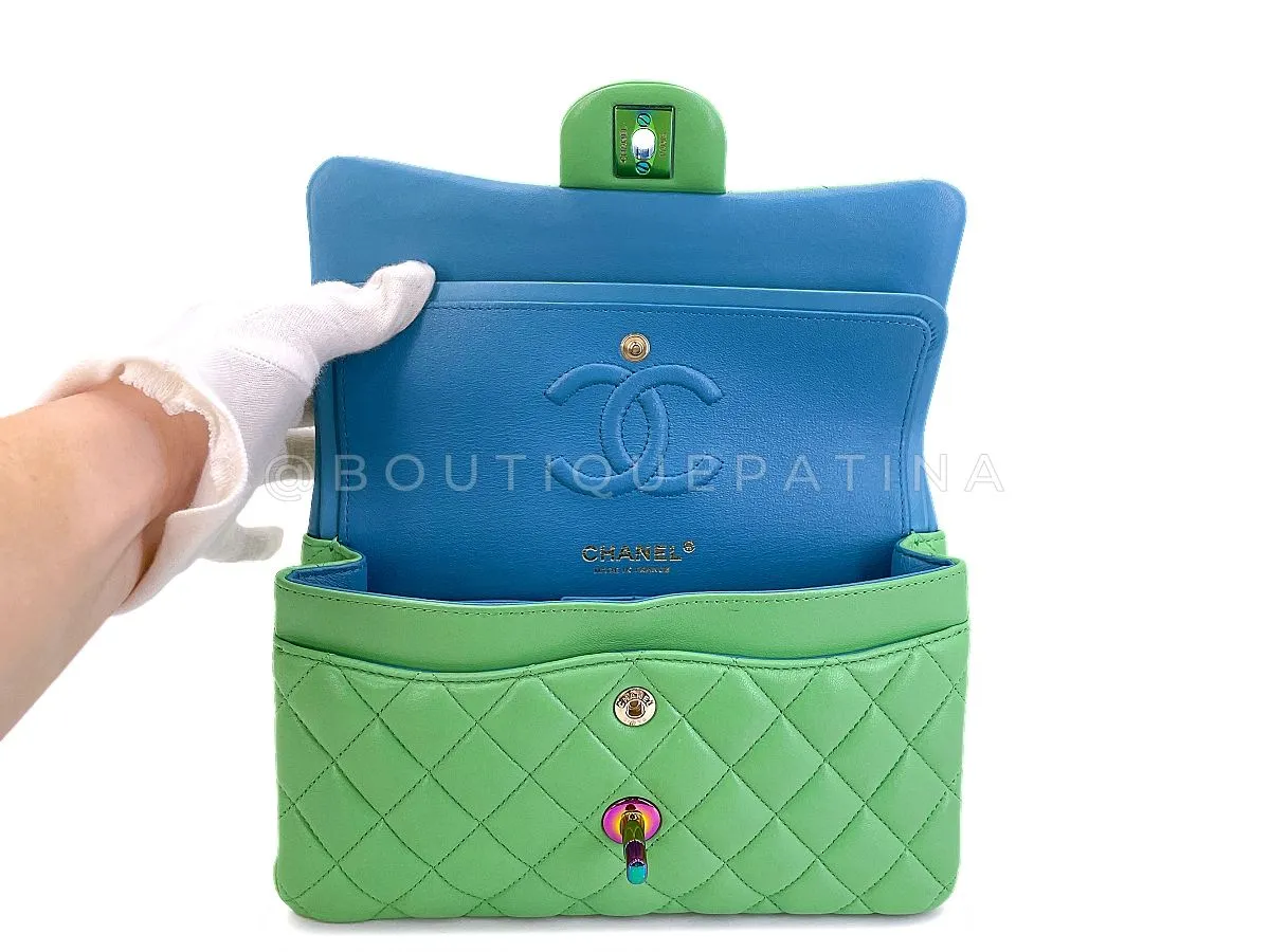 Chanel 2021 Green Small Classic Double Flap Bag Rainbow HW