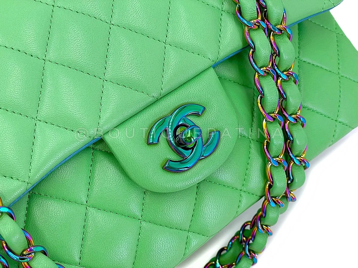 Chanel 2021 Green Small Classic Double Flap Bag Rainbow HW