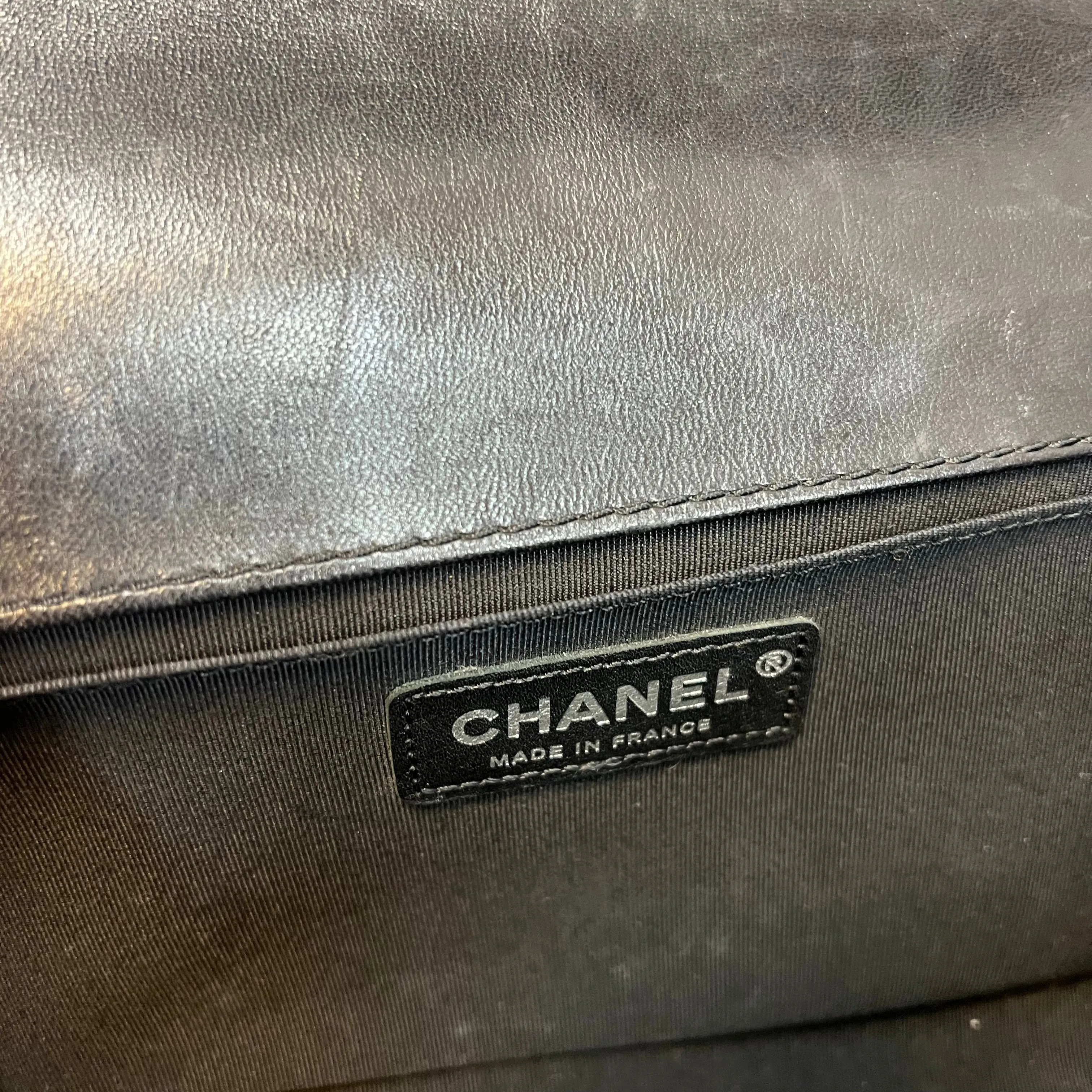 CHANEL Boy Medium Black Embossed Lambskin Leather Celtic Shoulder Bag