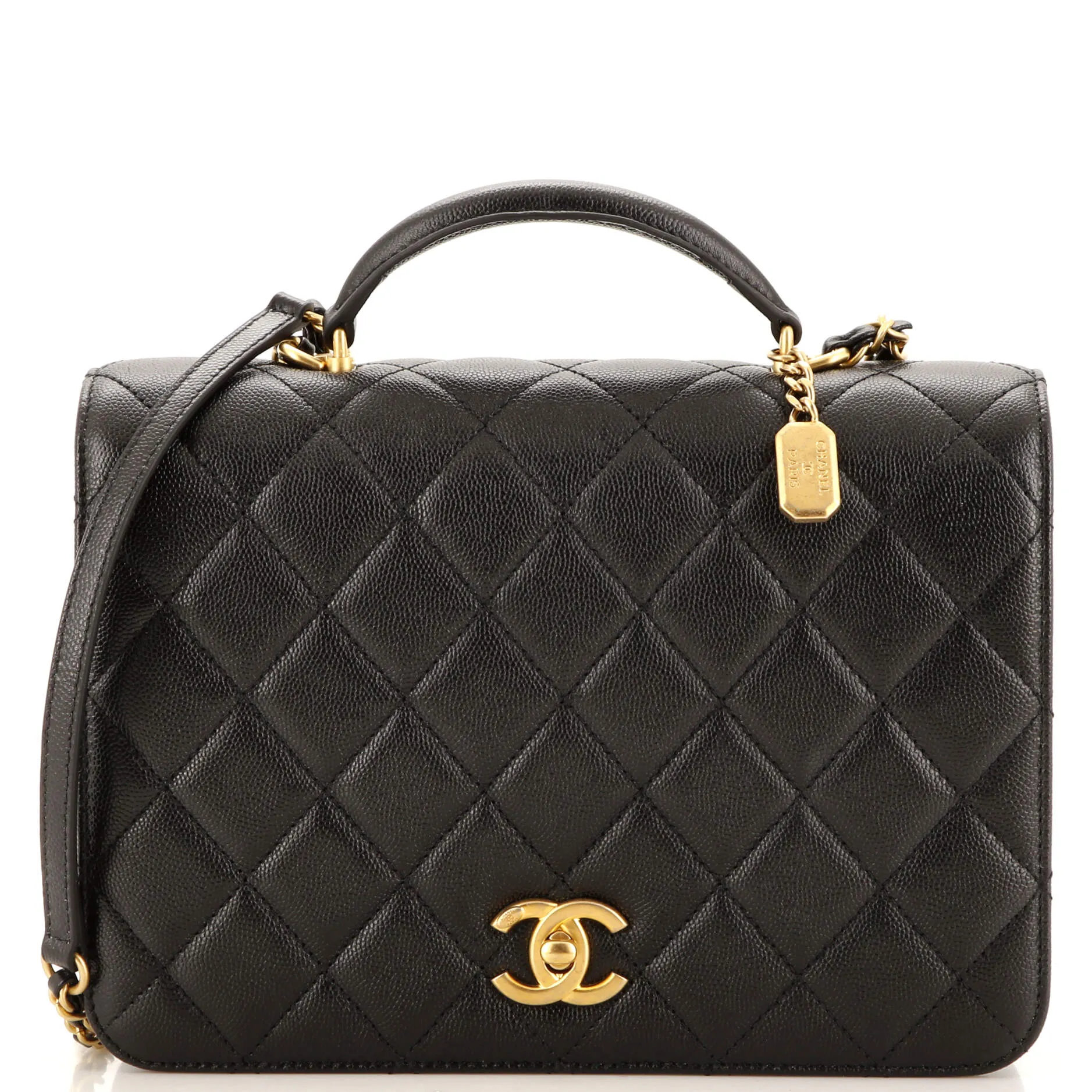 CHANEL CC Top Handle Chain Full Flap Bag Quilted Caviar Medium