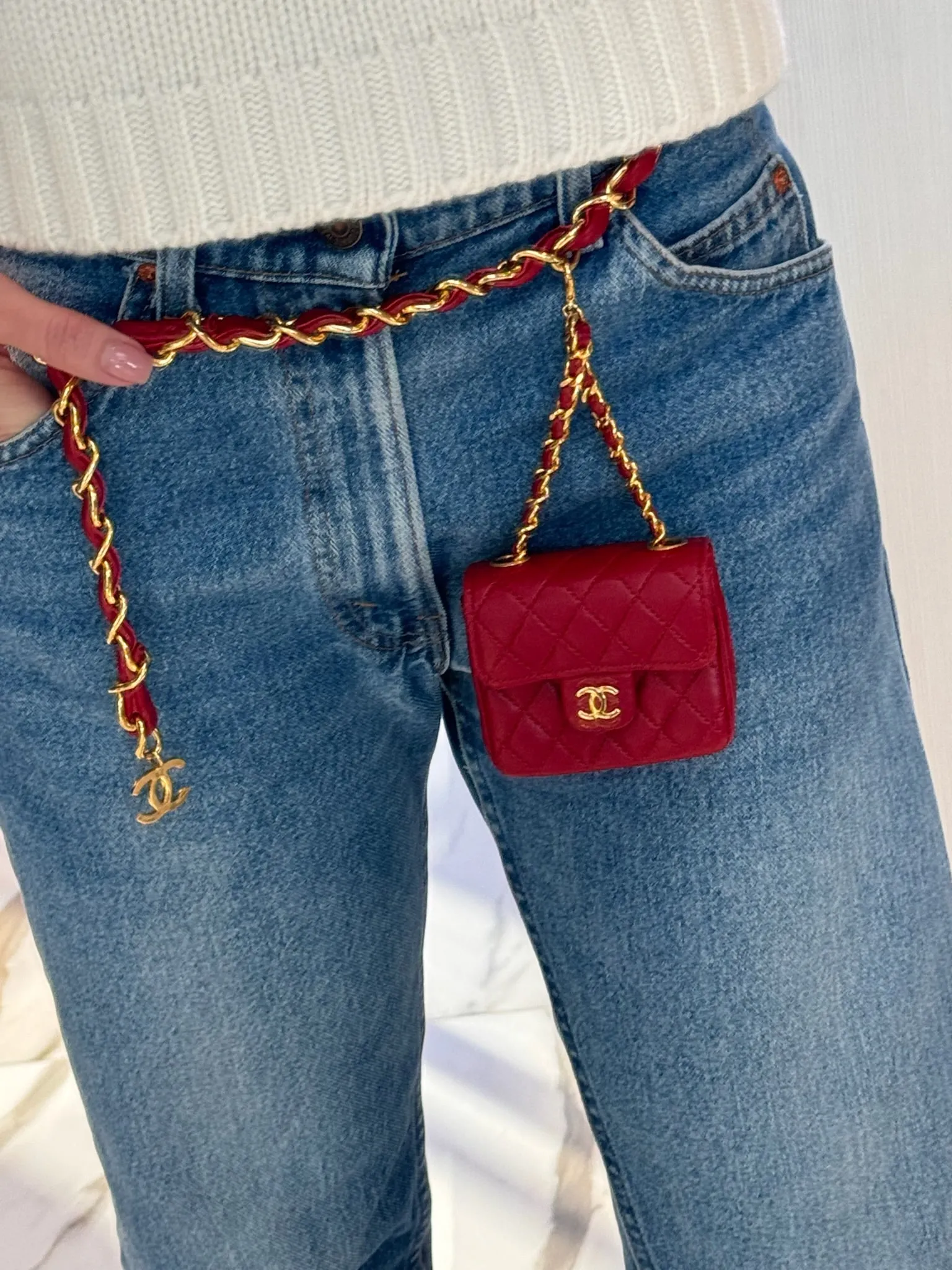 Chanel Vintage 1990's Micro Mini Belt Bag Red Quilted Lambskin Gold Hardware