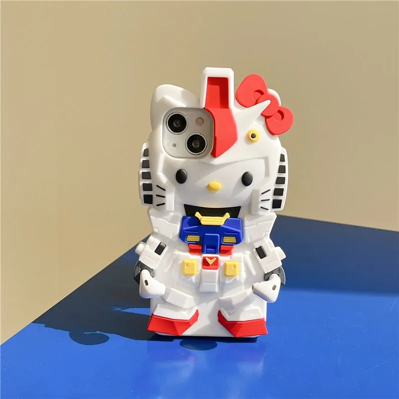 Cute 3D Hello Kitty x Gundam Cartoon Design Protective Shockproof iPhone Case   Built in AirPods Holder for iPhone 11 12 13 14 15 Pro Max