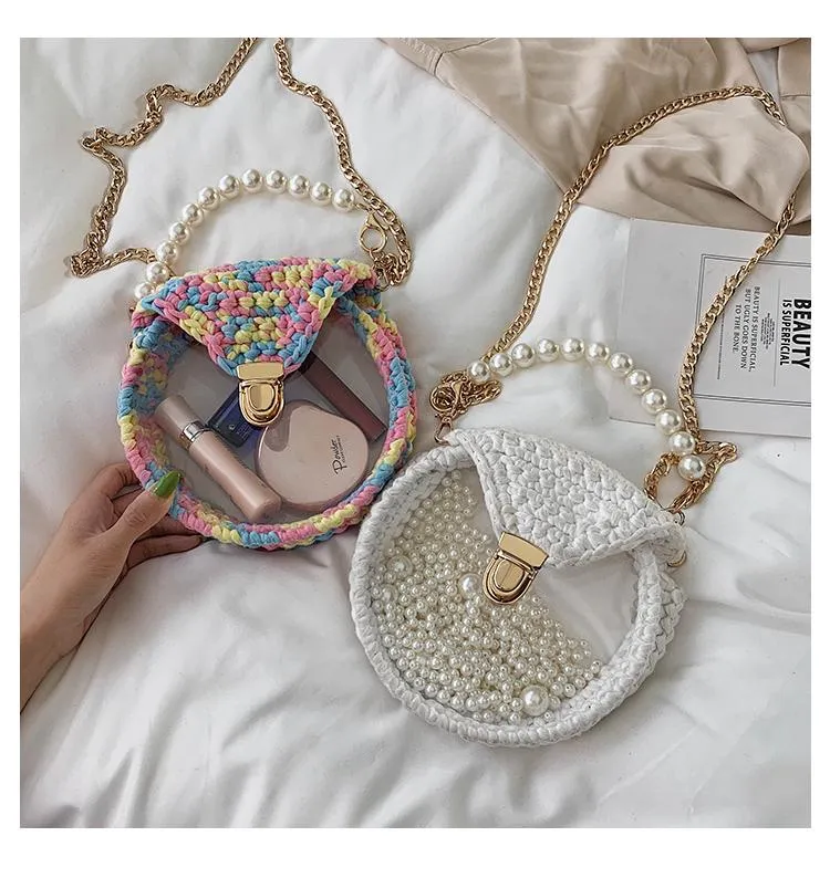 Cute Round White(No Flap) Crochet Crossbody Purse PMMA Crochet Shoulder Round Handbag for Girl Circle Crochet Crossbody Purses