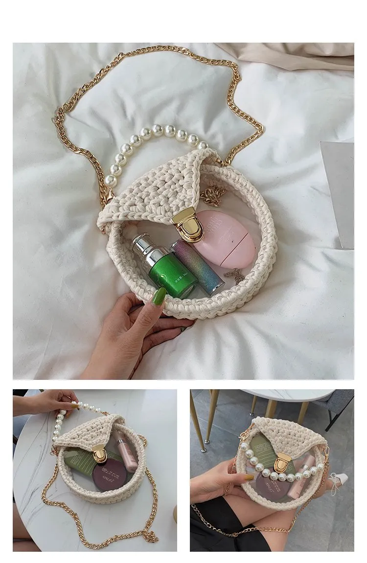 Cute Round White(No Flap) Crochet Crossbody Purse PMMA Crochet Shoulder Round Handbag for Girl Circle Crochet Crossbody Purses