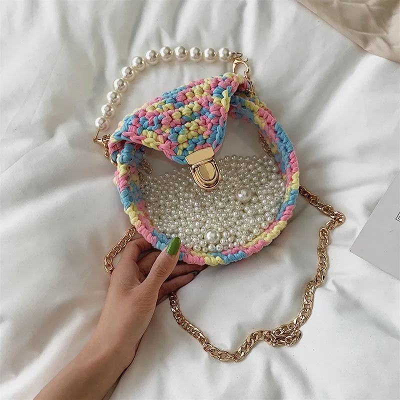 Cute Round White(No Flap) Crochet Crossbody Purse PMMA Crochet Shoulder Round Handbag for Girl Circle Crochet Crossbody Purses