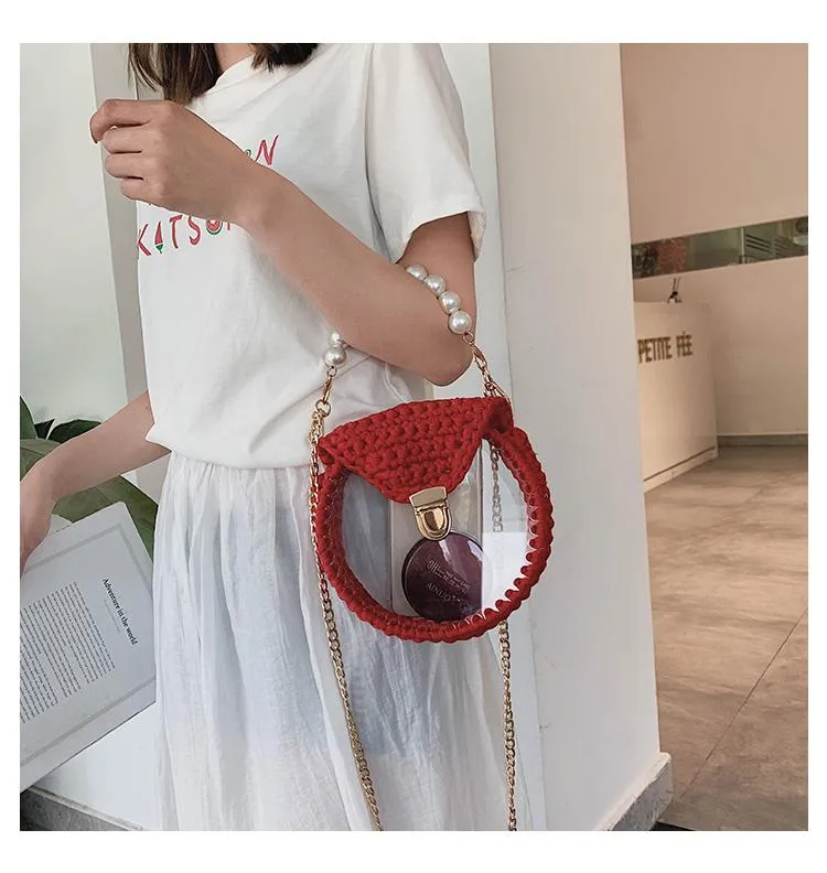 Cute Round White(No Flap) Crochet Crossbody Purse PMMA Crochet Shoulder Round Handbag for Girl Circle Crochet Crossbody Purses