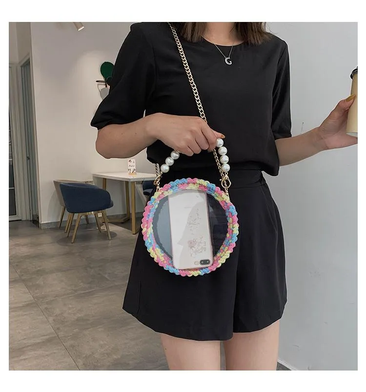 Cute Round White(No Flap) Crochet Crossbody Purse PMMA Crochet Shoulder Round Handbag for Girl Circle Crochet Crossbody Purses