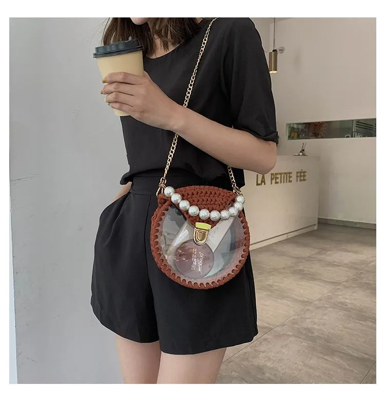 Cute Round White(No Flap) Crochet Crossbody Purse PMMA Crochet Shoulder Round Handbag for Girl Circle Crochet Crossbody Purses