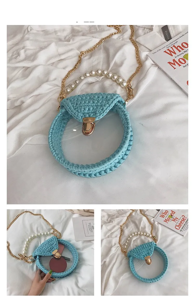 Cute Round White(No Flap) Crochet Crossbody Purse PMMA Crochet Shoulder Round Handbag for Girl Circle Crochet Crossbody Purses