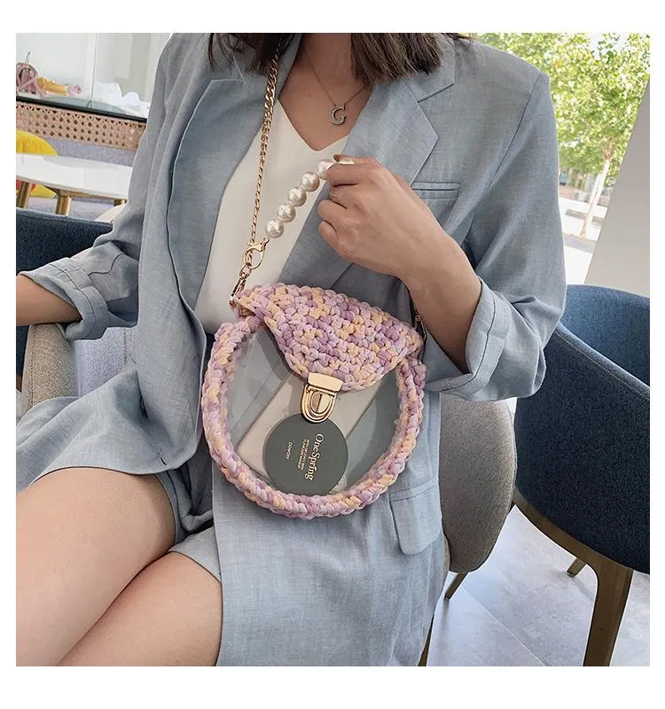 Cute Round White(No Flap) Crochet Crossbody Purse PMMA Crochet Shoulder Round Handbag for Girl Circle Crochet Crossbody Purses