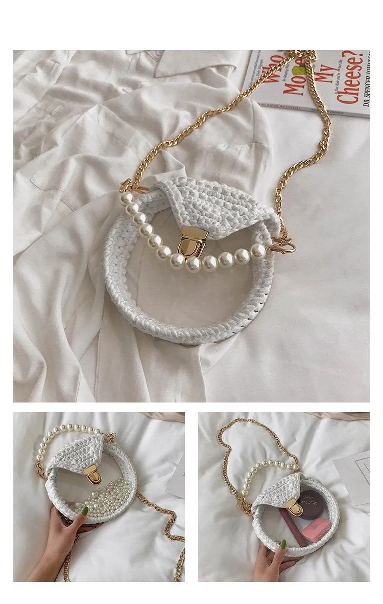 Cute Round White(No Flap) Crochet Crossbody Purse PMMA Crochet Shoulder Round Handbag for Girl Circle Crochet Crossbody Purses