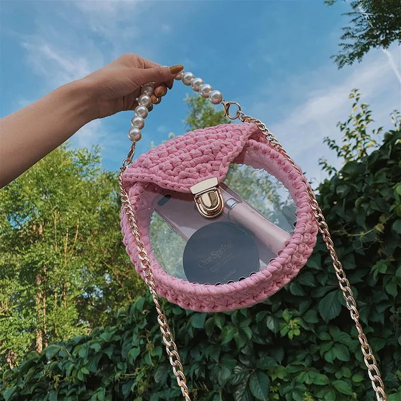 Cute Round White(No Flap) Crochet Crossbody Purse PMMA Crochet Shoulder Round Handbag for Girl Circle Crochet Crossbody Purses