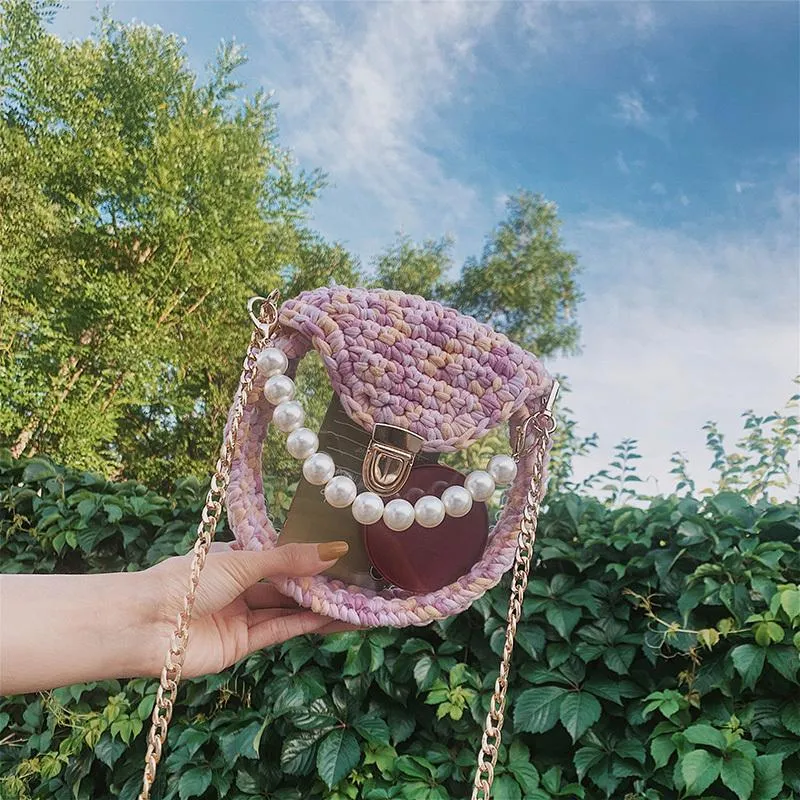 Cute Round White(No Flap) Crochet Crossbody Purse PMMA Crochet Shoulder Round Handbag for Girl Circle Crochet Crossbody Purses