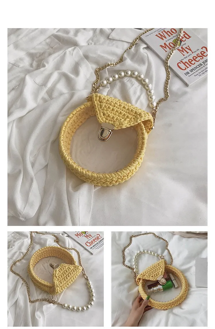 Cute Round White(No Flap) Crochet Crossbody Purse PMMA Crochet Shoulder Round Handbag for Girl Circle Crochet Crossbody Purses