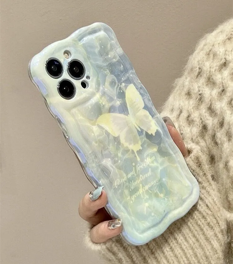 Cute White Butterfly Laser Blue-ray 3D Wavy Design Thick Protective Shockproof Phone Case for iPhone X XR XS 11 12 13 14 15 Pro Max Case