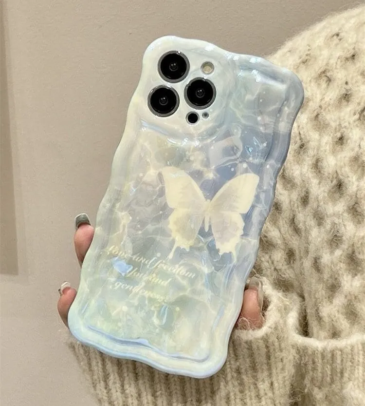 Cute White Butterfly Laser Blue-ray 3D Wavy Design Thick Protective Shockproof Phone Case for iPhone X XR XS 11 12 13 14 15 Pro Max Case