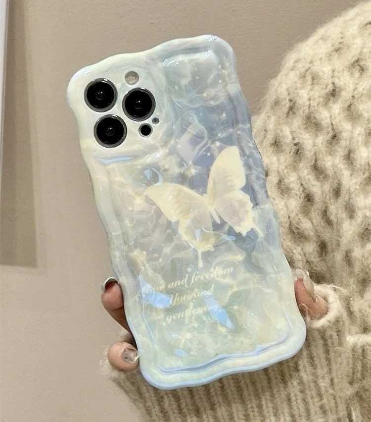 Cute White Butterfly Laser Blue-ray 3D Wavy Design Thick Protective Shockproof Phone Case for iPhone X XR XS 11 12 13 14 15 Pro Max Case