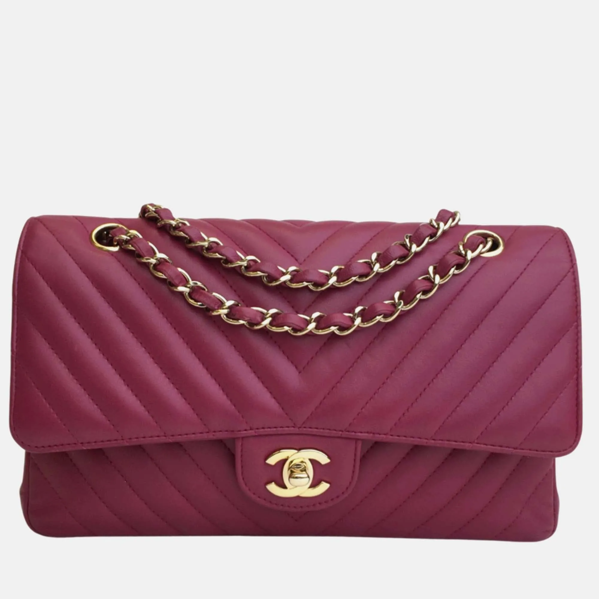 Dark Pink Leather Small Classic Double Flap Shoulder Bags