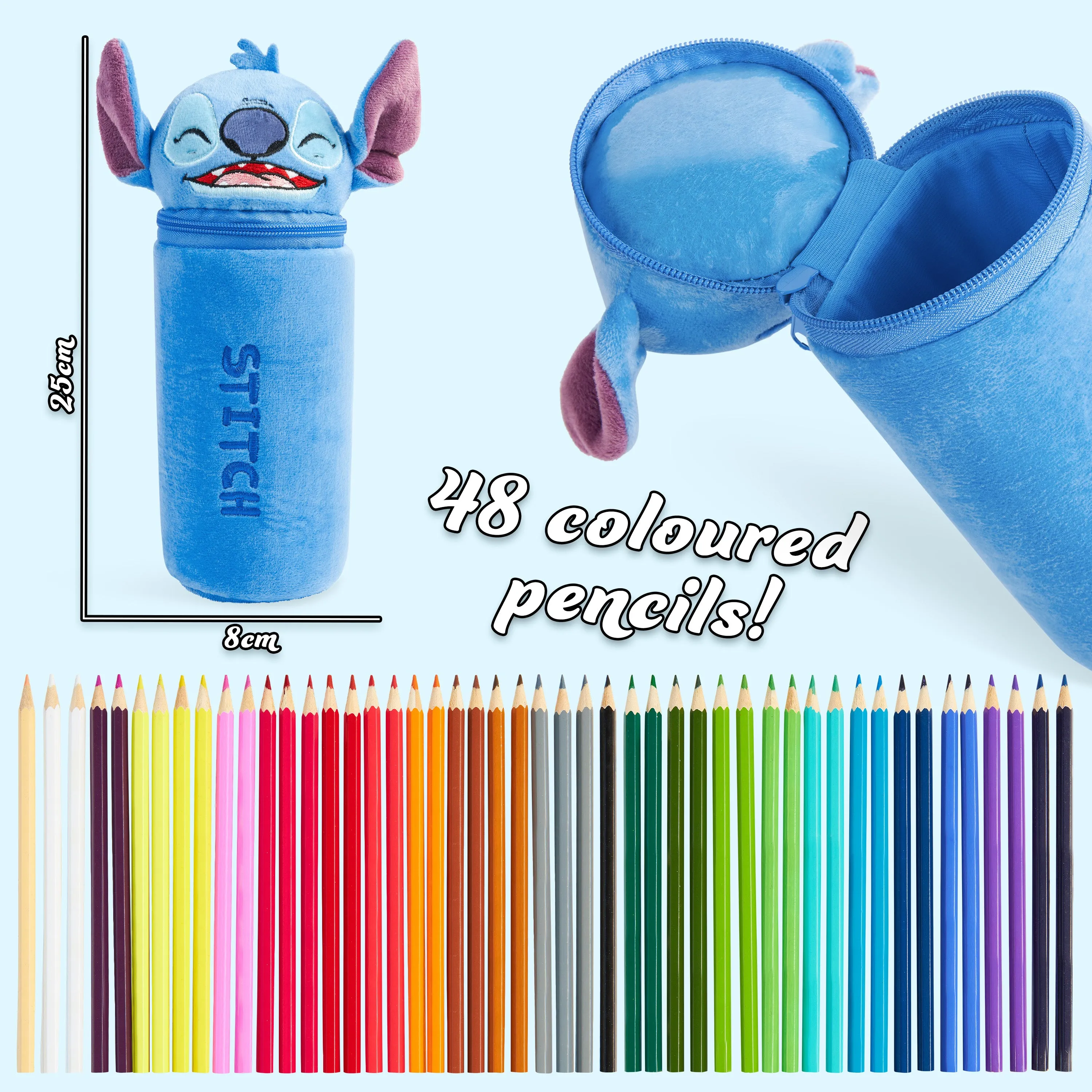 Disney Stitch Pencil Case with 48 Colouring Pencils Included - Blue