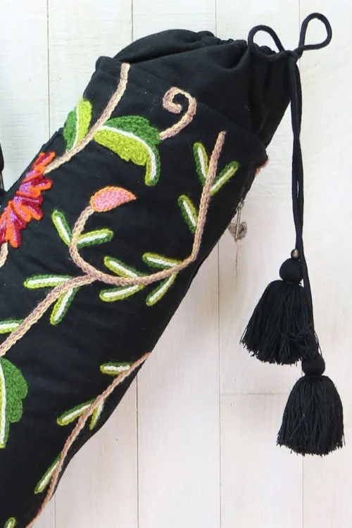 Embroidered Botanical Floral Yoga Bag