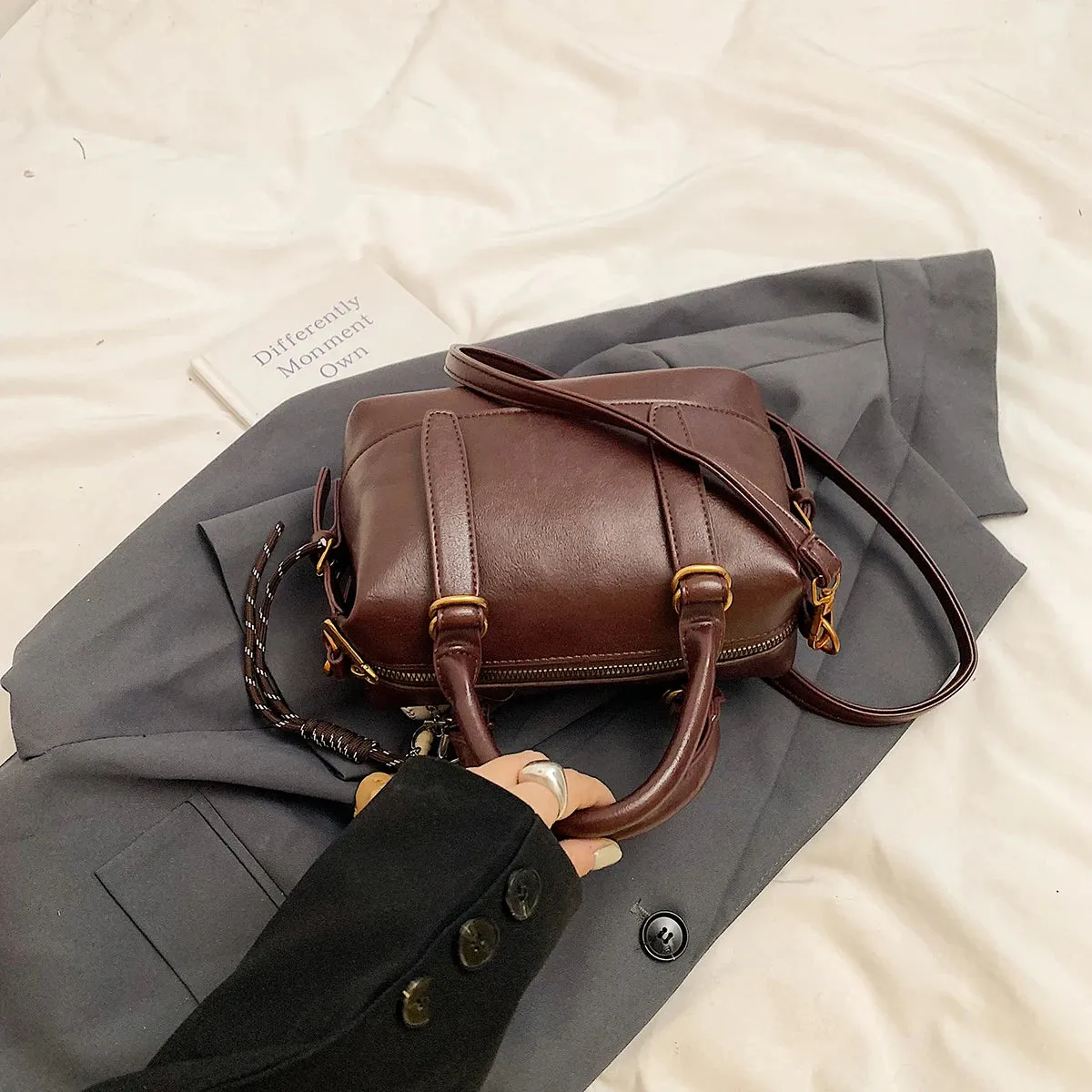 Faux Leather Crossbody Bag Short Handle