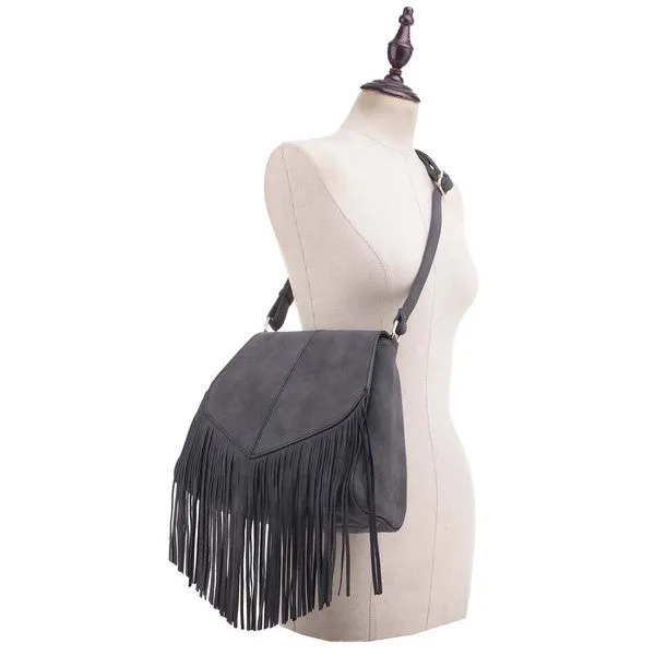 Faux Suede Fringe Flap Crossbody Bag