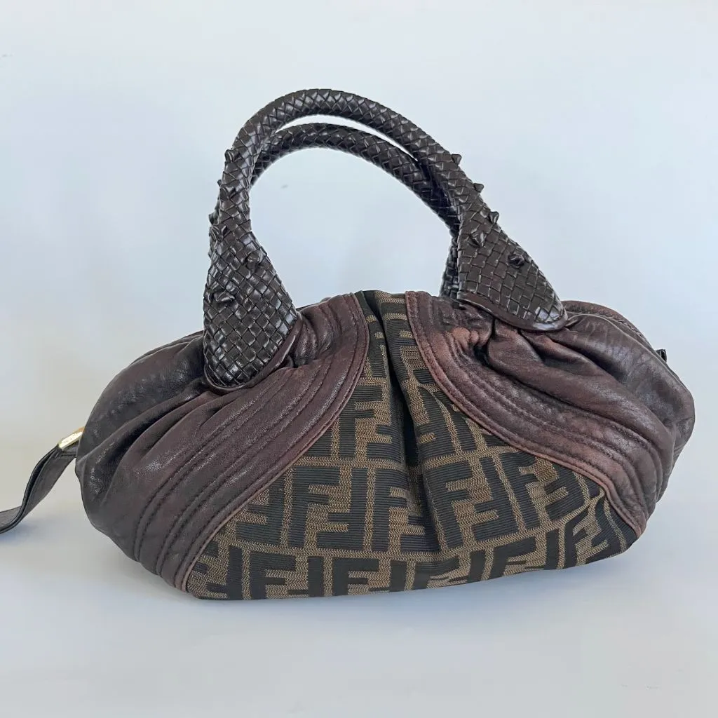 Fendi brown leather and canvas shoulder bag