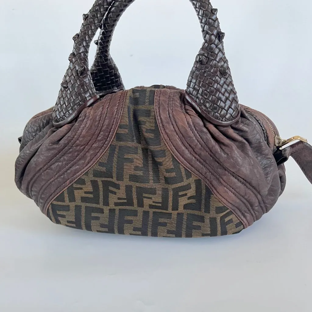 Fendi brown leather and canvas shoulder bag