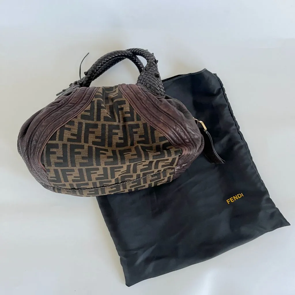 Fendi brown leather and canvas shoulder bag